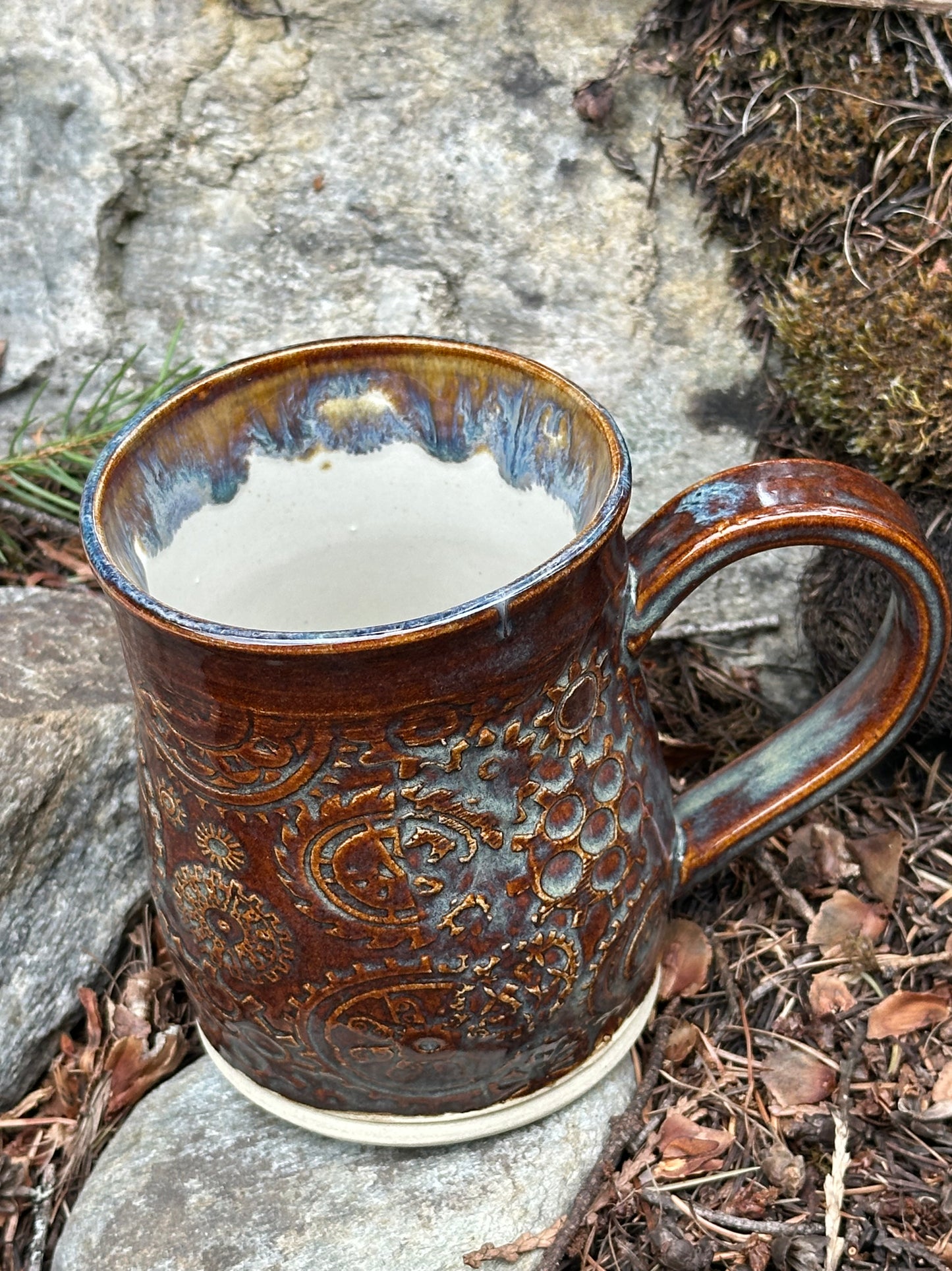 Handmade Pottery Mug - Steampunk Gears in Misty Rusty Brown (approx. 16 ounces)