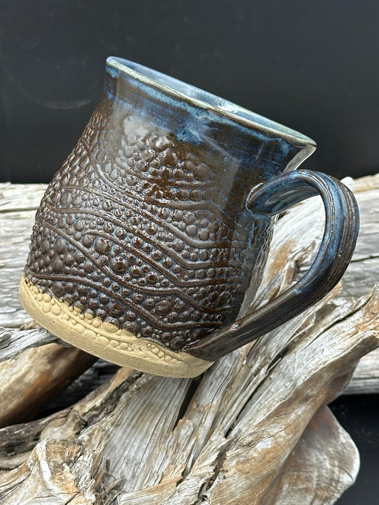 Bubble Textured Blue and Brown Pottery Mug/Cup approximately 16 ounces (M0113)