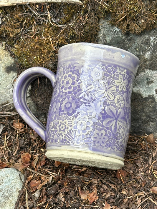 Handmade Pottery Mug - Lavender Floral Lace (approx. 16 ounces)