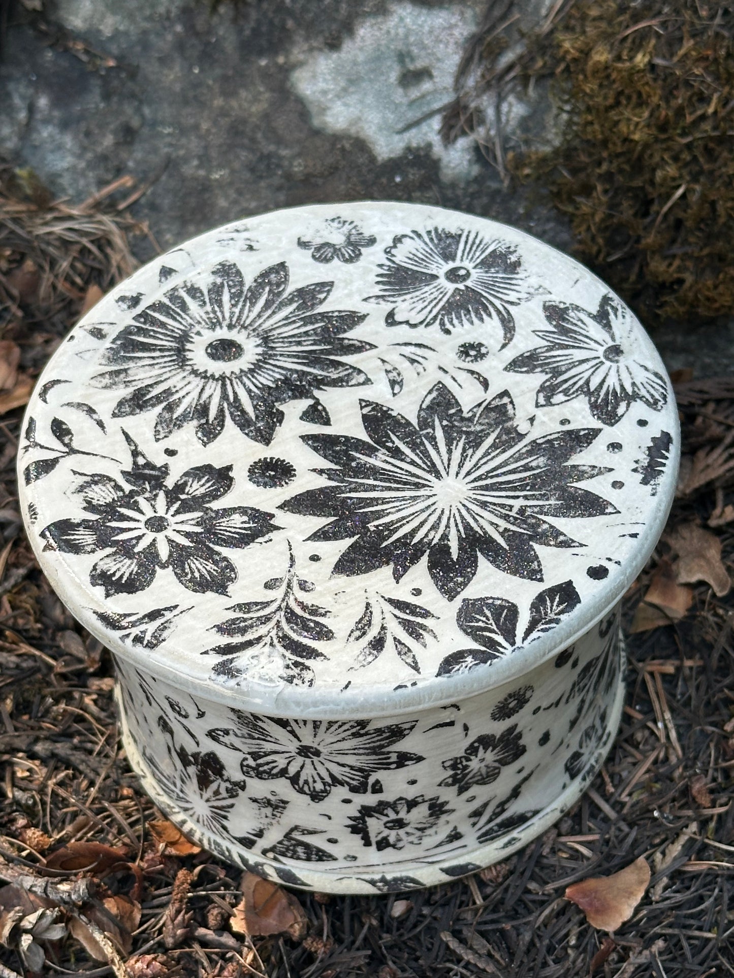 Pottery (Ceramic) White with Black Floral Design Butter Keeper