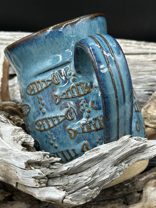Water Blue Hand Built Textured Whimsical Fish Mug with Brown Accents approximately 12 ounces (M0108)