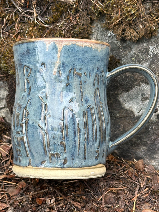 Handmade Pottery Mug - Birch Trees in Misty Blue Dusk (approx. 16 ounces)