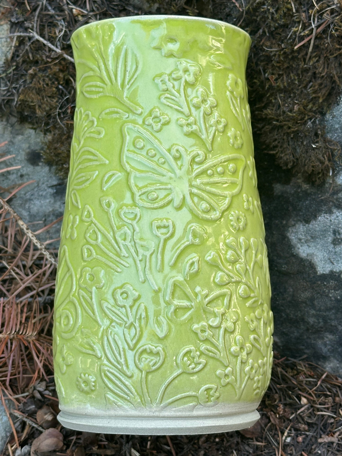 Bright Yellow Green Textured Floral Butterfly Vase (250013)