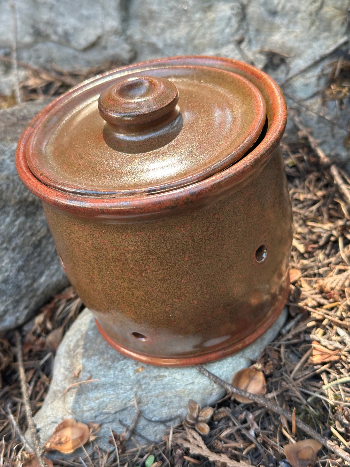 Pottery (Ceramic) Straight Side Brown with Red Accents Garlic Keeper