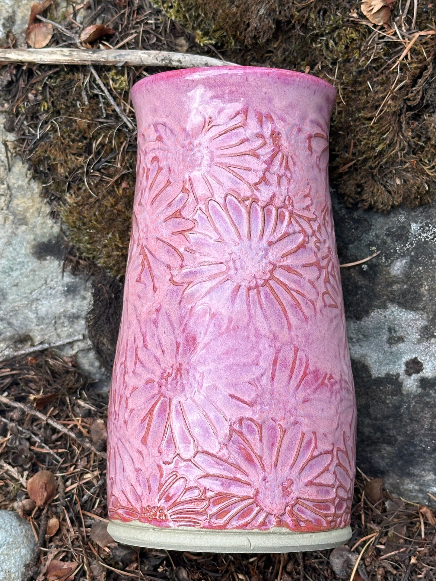 Handmade Pottery Textured Vase - Daisies in Peony Pink (approx. 10 inches tall)