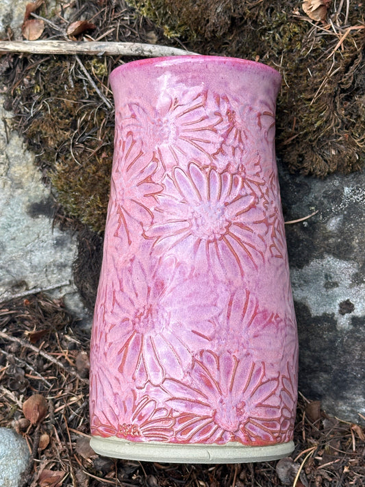 Handmade Pottery Textured Vase - Daisies in Peony Pink (approx. 10 inches tall)