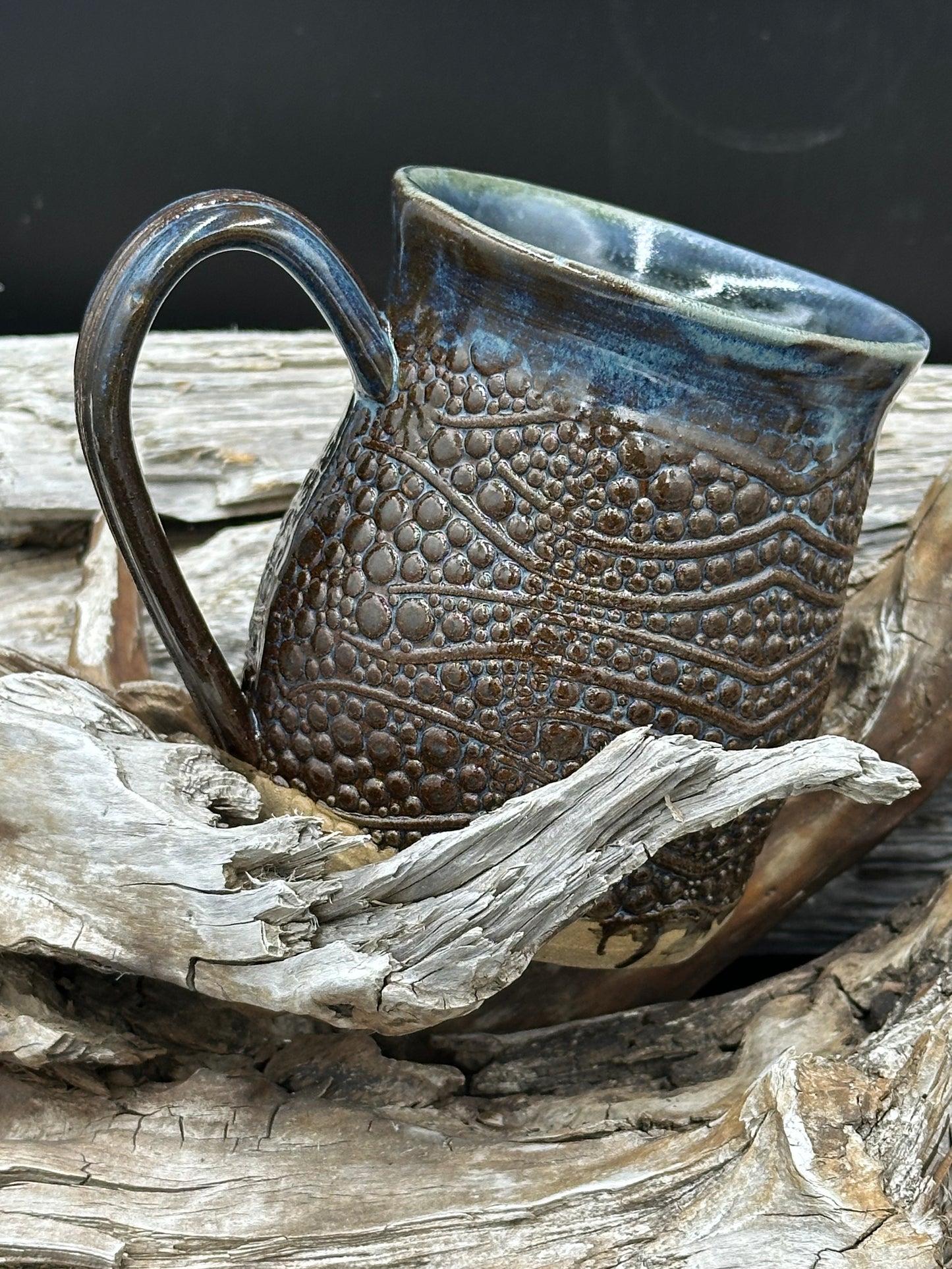 Bubble Textured Blue and Brown Pottery Mug/Cup approximately 16 ounces (M0113)