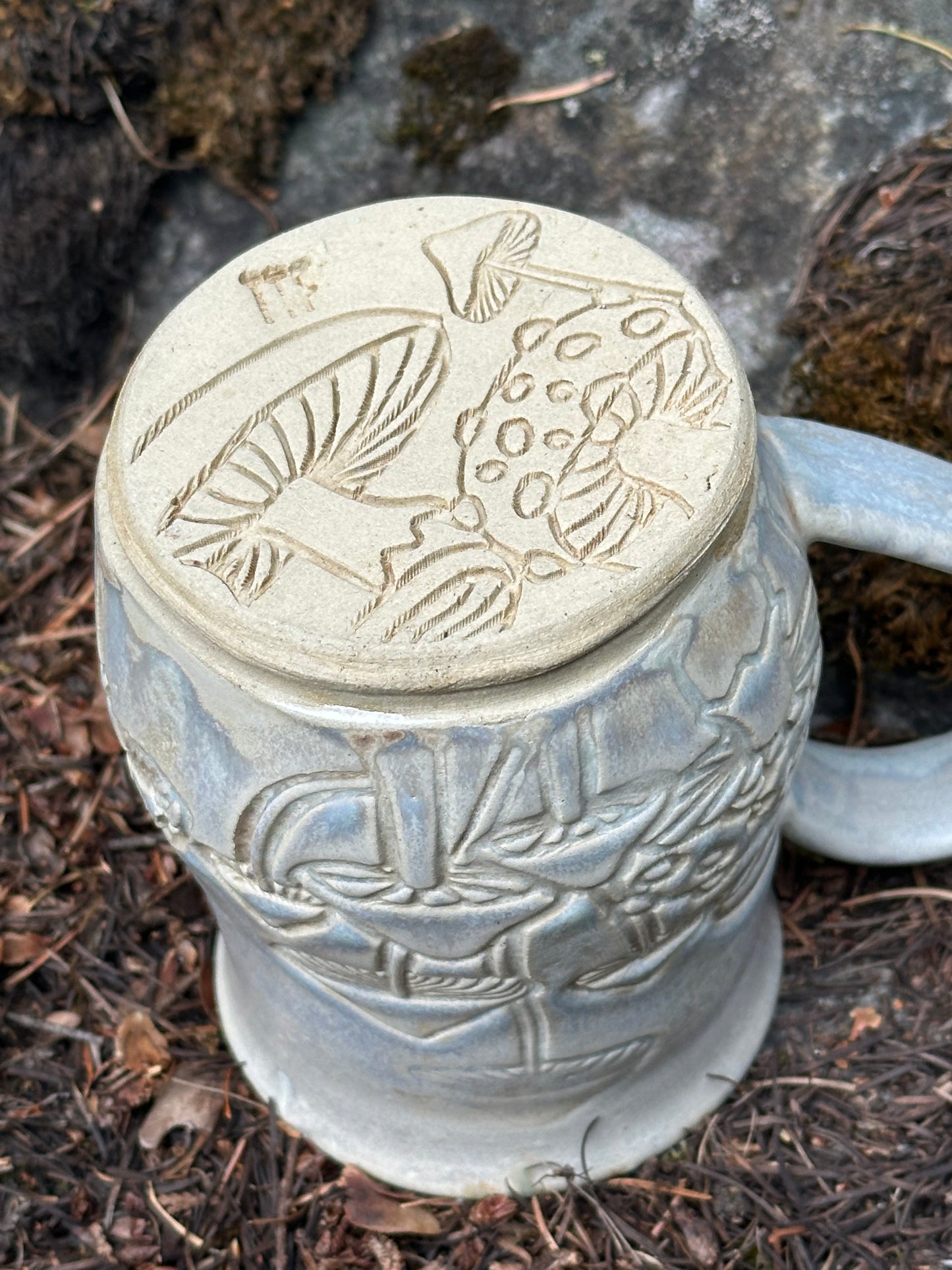 Handmade Textured Pottery Mug - Mystical Mushrooms in Crystalized Blue on White (approx. 16 ounces)