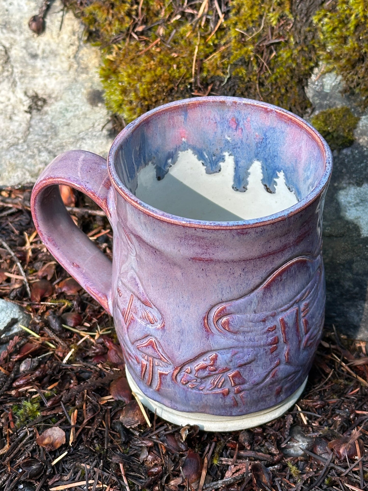 Handmade Pottery Mug - Mystical Mushrooms in Purple Whimsy (approx. 16 ounces)