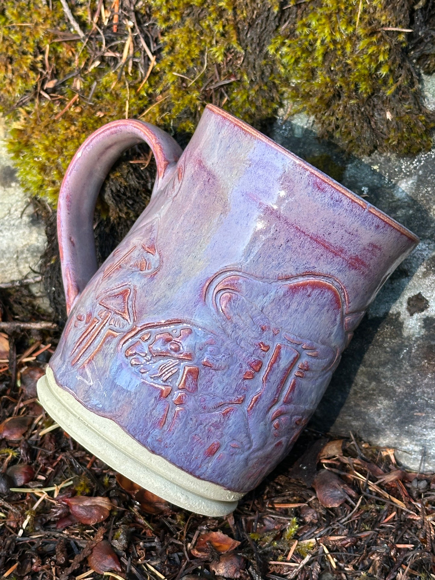Handmade Pottery Mug - Mystical Mushrooms in Purple Whimsy (approx. 16 ounces)