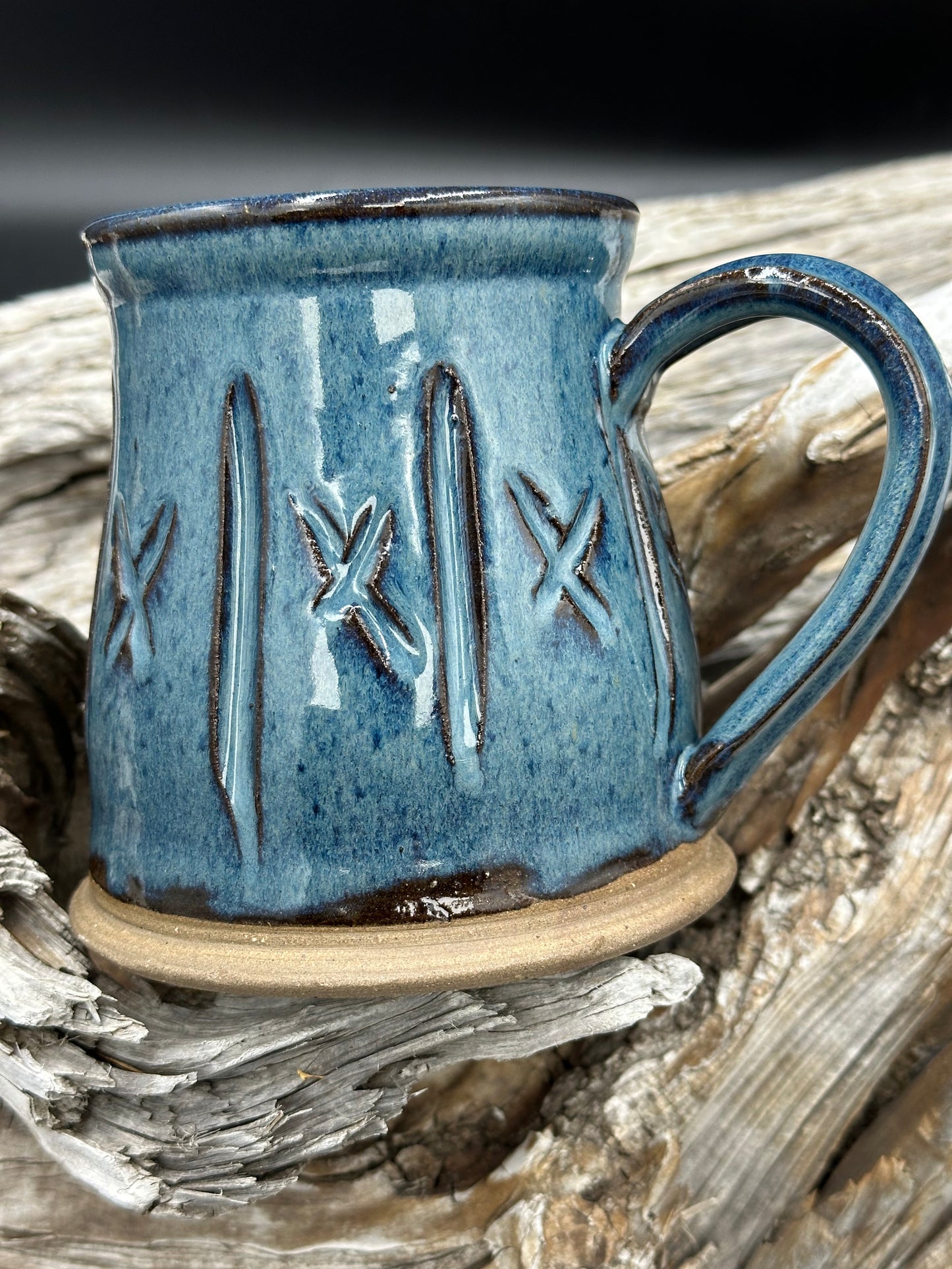 Beautiful Blue and Brown Hand Carved Pottery Mug approximately 16 ounces (M0101)