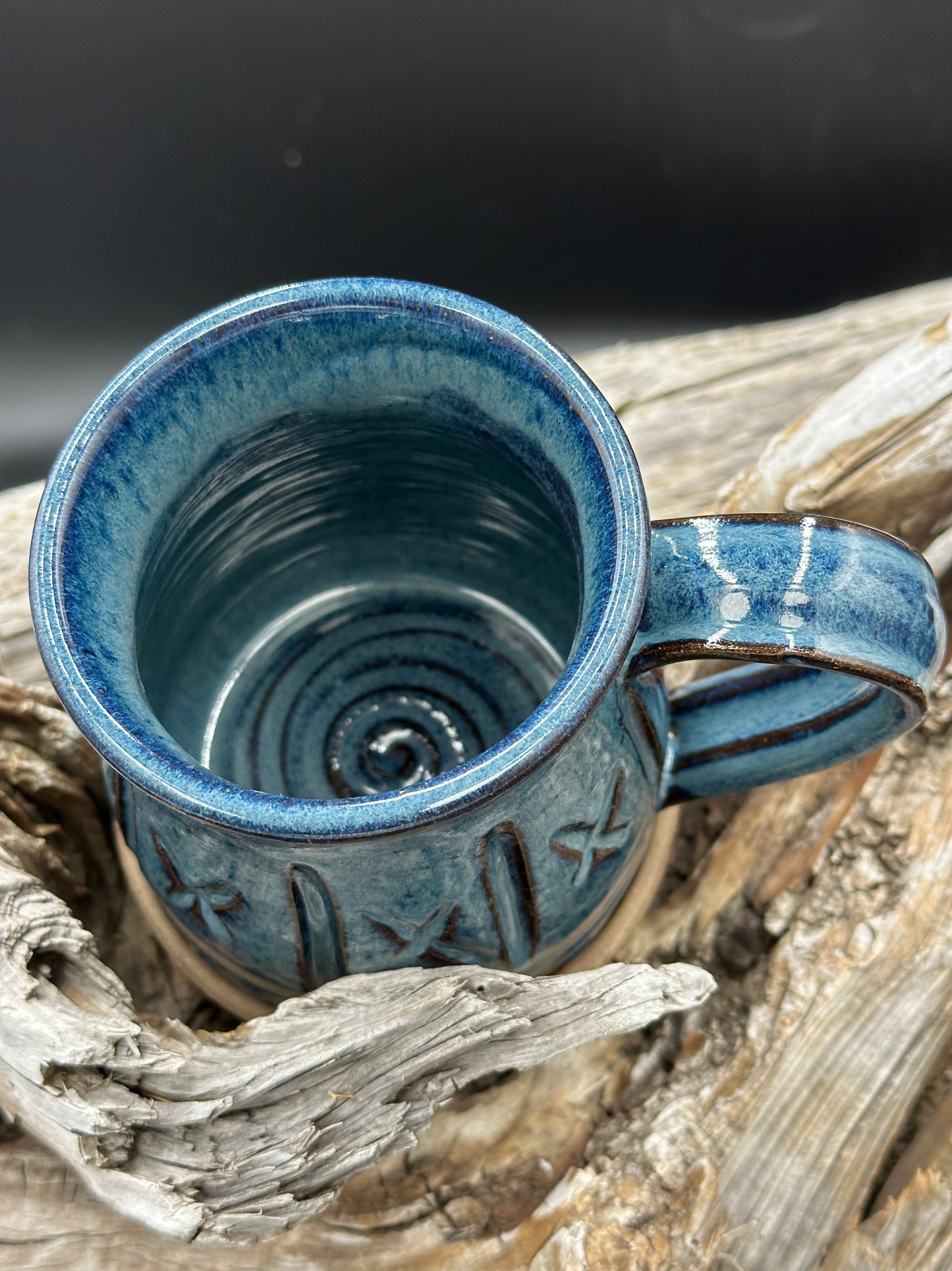 Beautiful Blue and Brown Hand Carved Pottery Mug approximately 16 ounces (M0101)