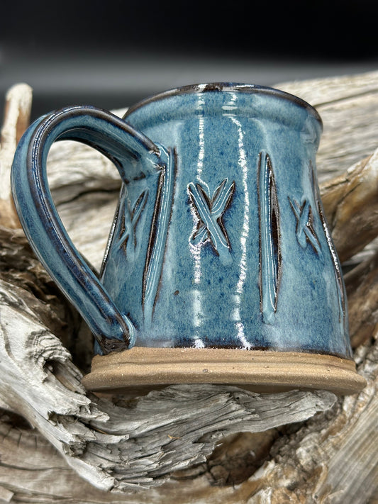 Beautiful Blue and Brown Hand Carved Pottery Mug approximately 16 ounces (M0101)
