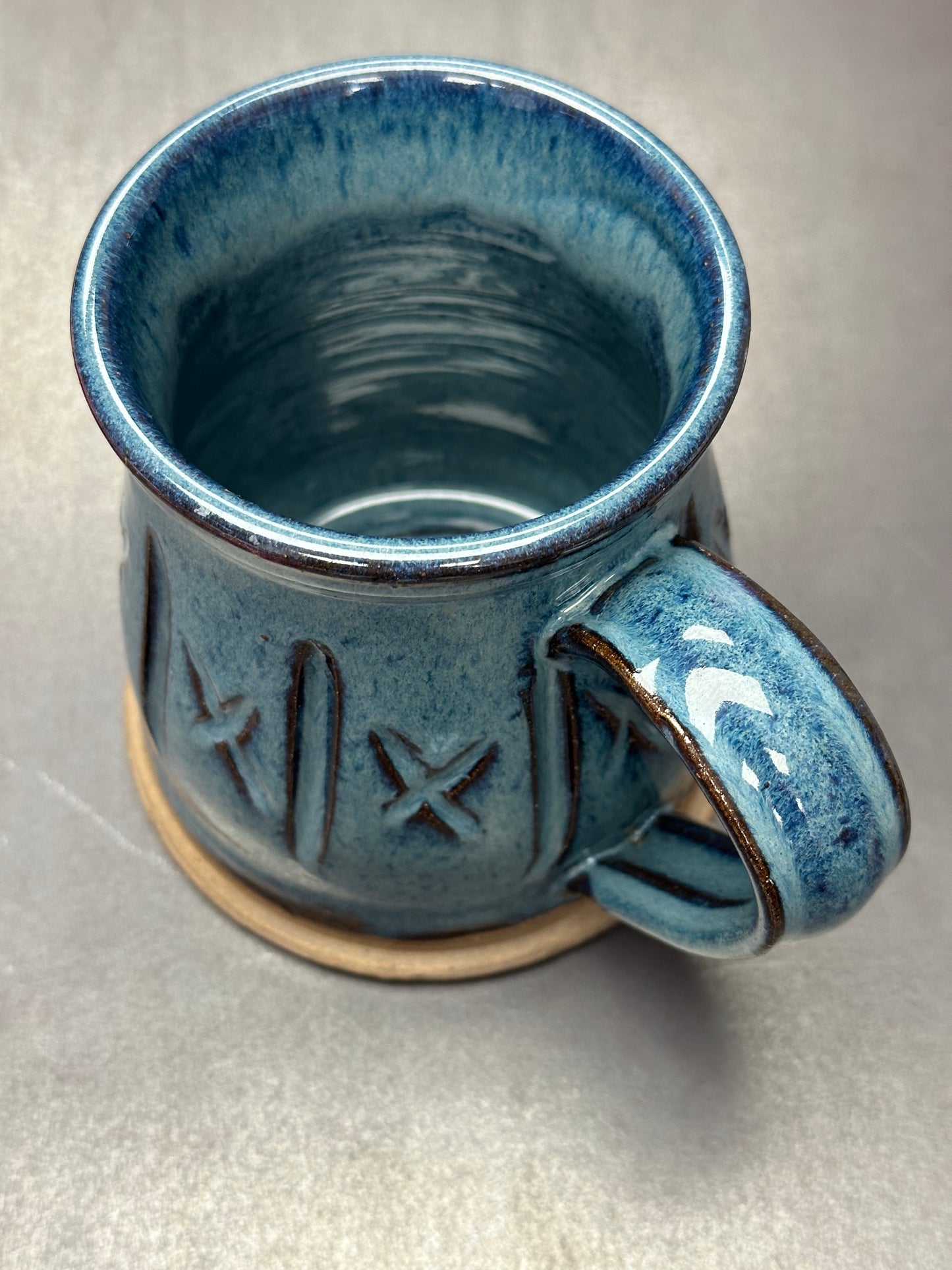 Beautiful Blue and Brown Hand Carved Pottery Mug approximately 16 ounces (M0101)